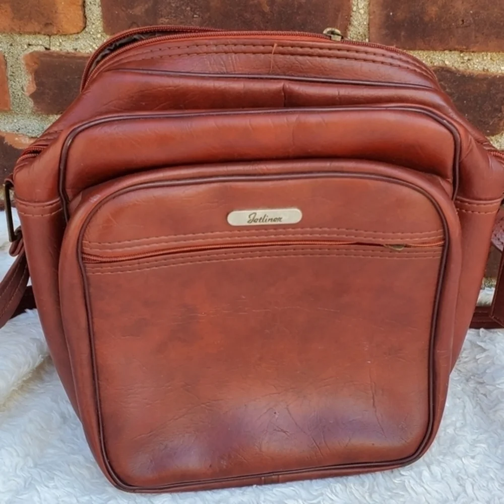Vintage Jetliner Cognac Brown Leather Crossbody Bag Retro Travel Camera Purse